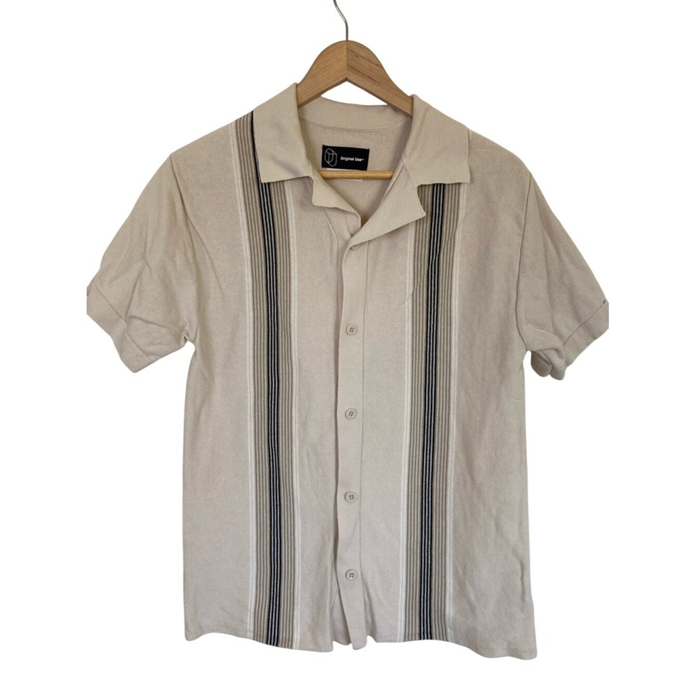 Original Use Men's Cream Short-Sleeve Button Sweater Small Striped Resort Cabana